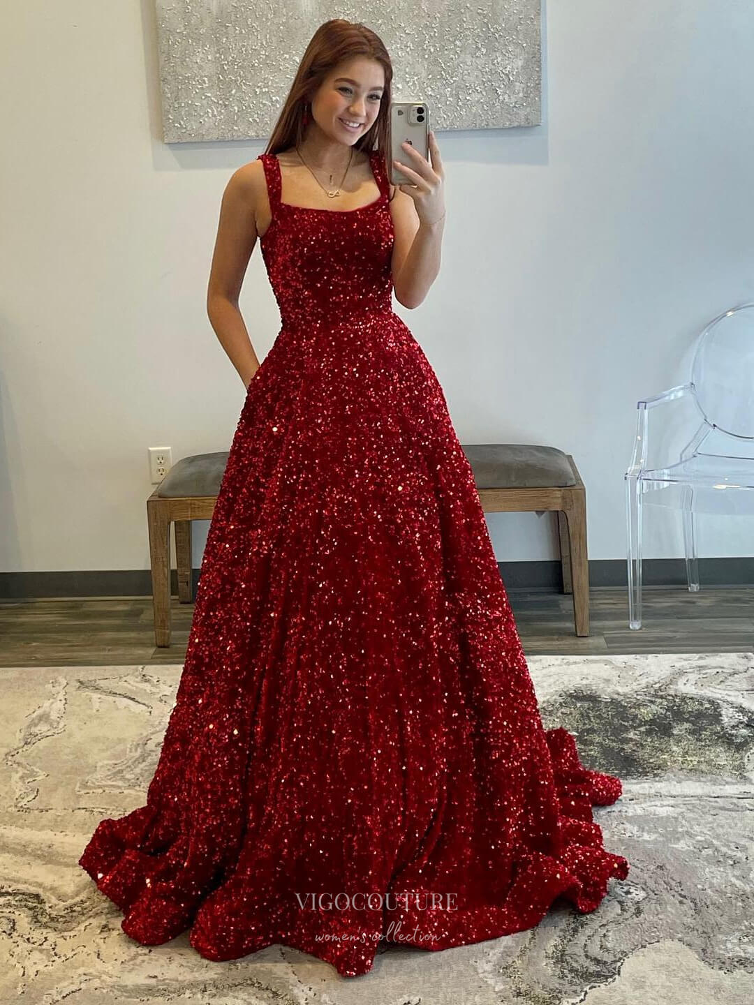 Prom Dress 2025 Burgundy Sequin Prom Dresses with Pockets Wide Straps Formal Dress 24005-unique elegant Prom Dresses-Burgundy-Custom Size-vigocouture