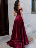 Prom Dress 2025 Burgundy Shiny Satin Prom Dresses with Pockets Off the Shoulder Evening Dress 20932-unique elegant Prom Dresses-Burgundy-US2-vigocouture