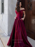 Prom Dress 2025 Burgundy Shiny Satin Prom Dresses with Pockets Off the Shoulder Evening Dress 20932-unique elegant Prom Dresses-Burgundy-US2-vigocouture