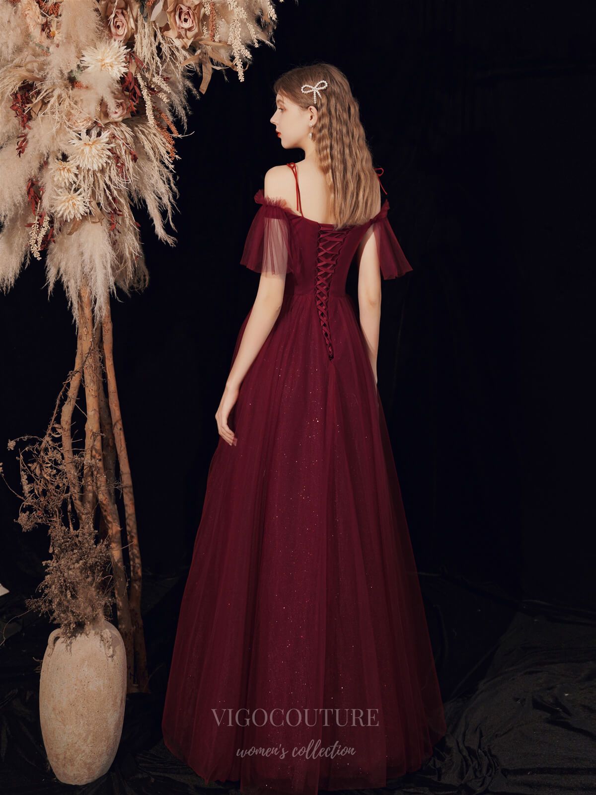 burgundy beaded prom dress Burgundy Tulle Spaghetti Strap Beaded Prom Dress 20738 Burgundy / US4