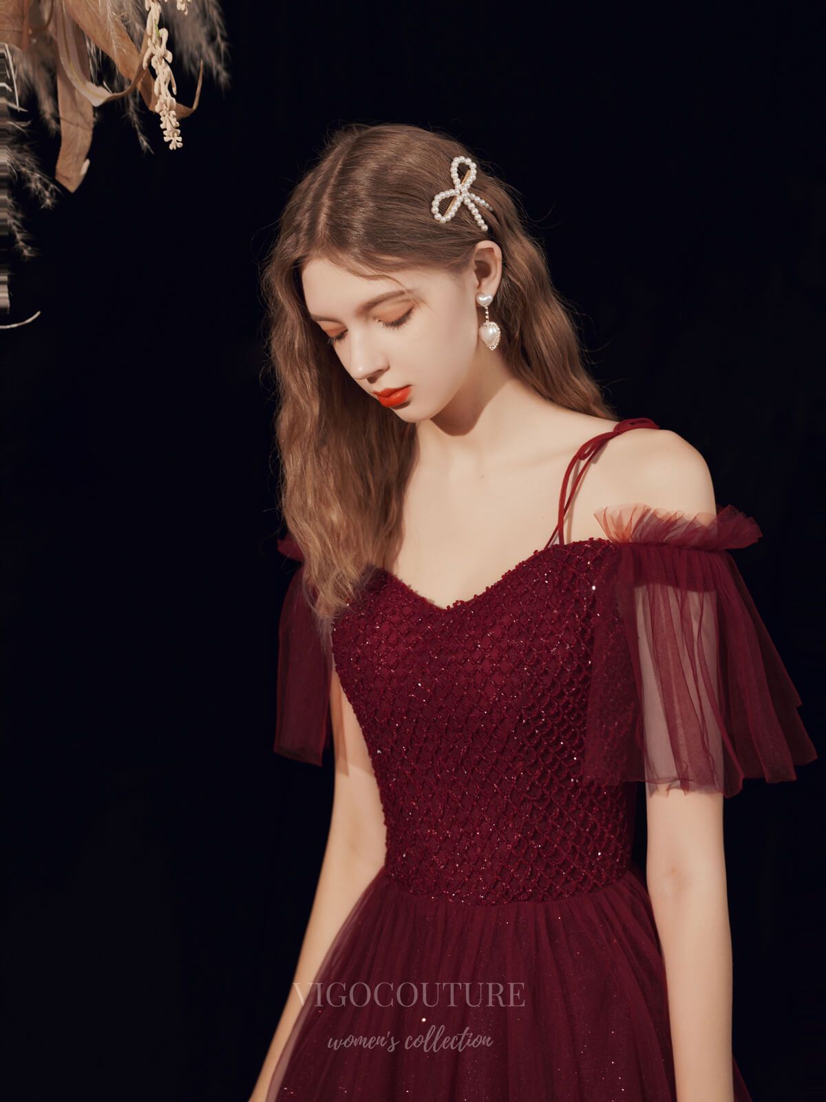 Burgundy Spaghetti Strap Beaded Prom Dress 20718 - Burgundy / US10 Burgundy Spaghetti Strap Beaded Prom Dress 20718 - Burgundy / US10
