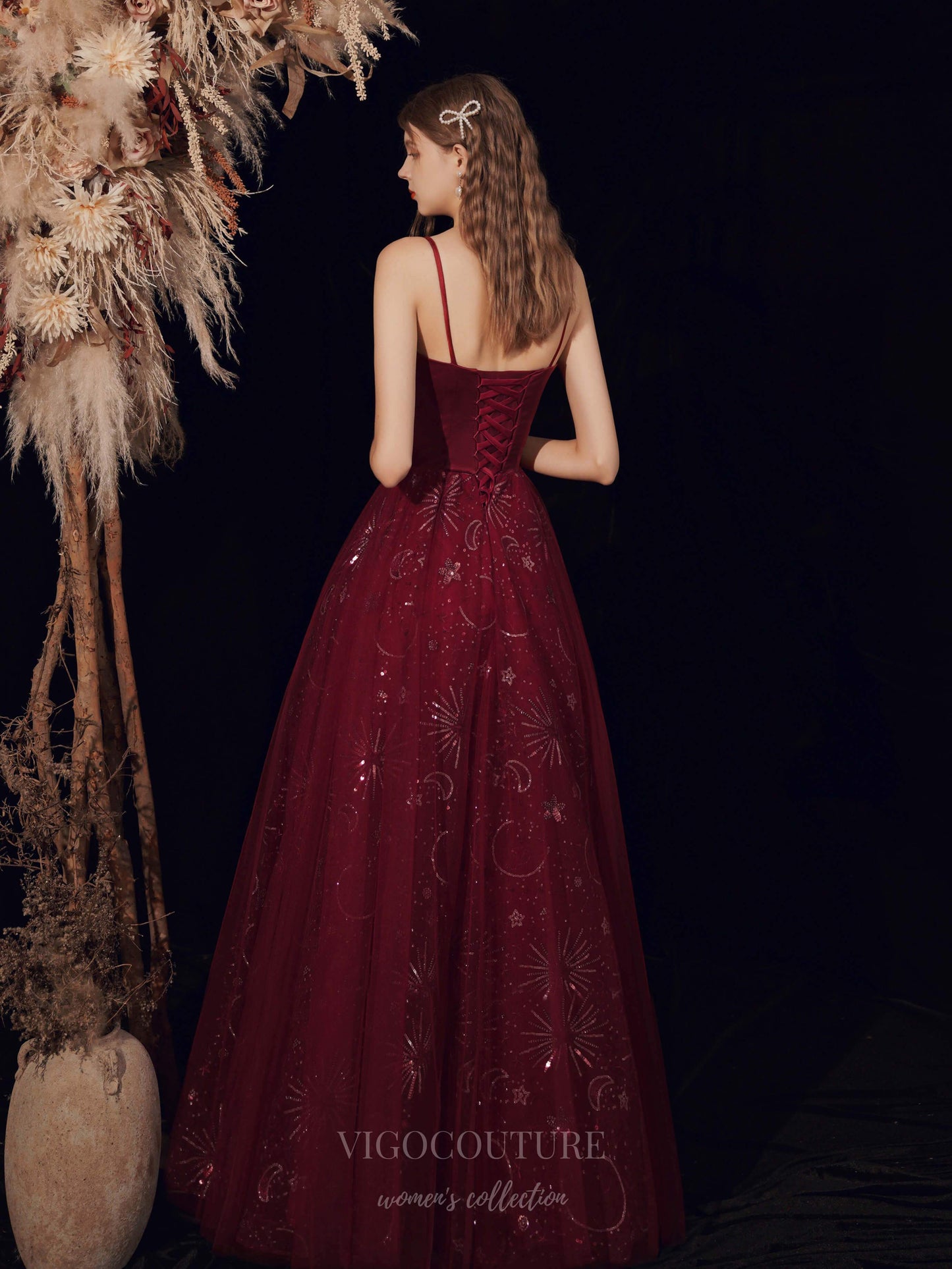 Prom Dress 2025 Burgundy Spaghetti Strap Bow Prom Dress 20716-unique elegant Prom Dresses-Burgundy-US2-vigocouture