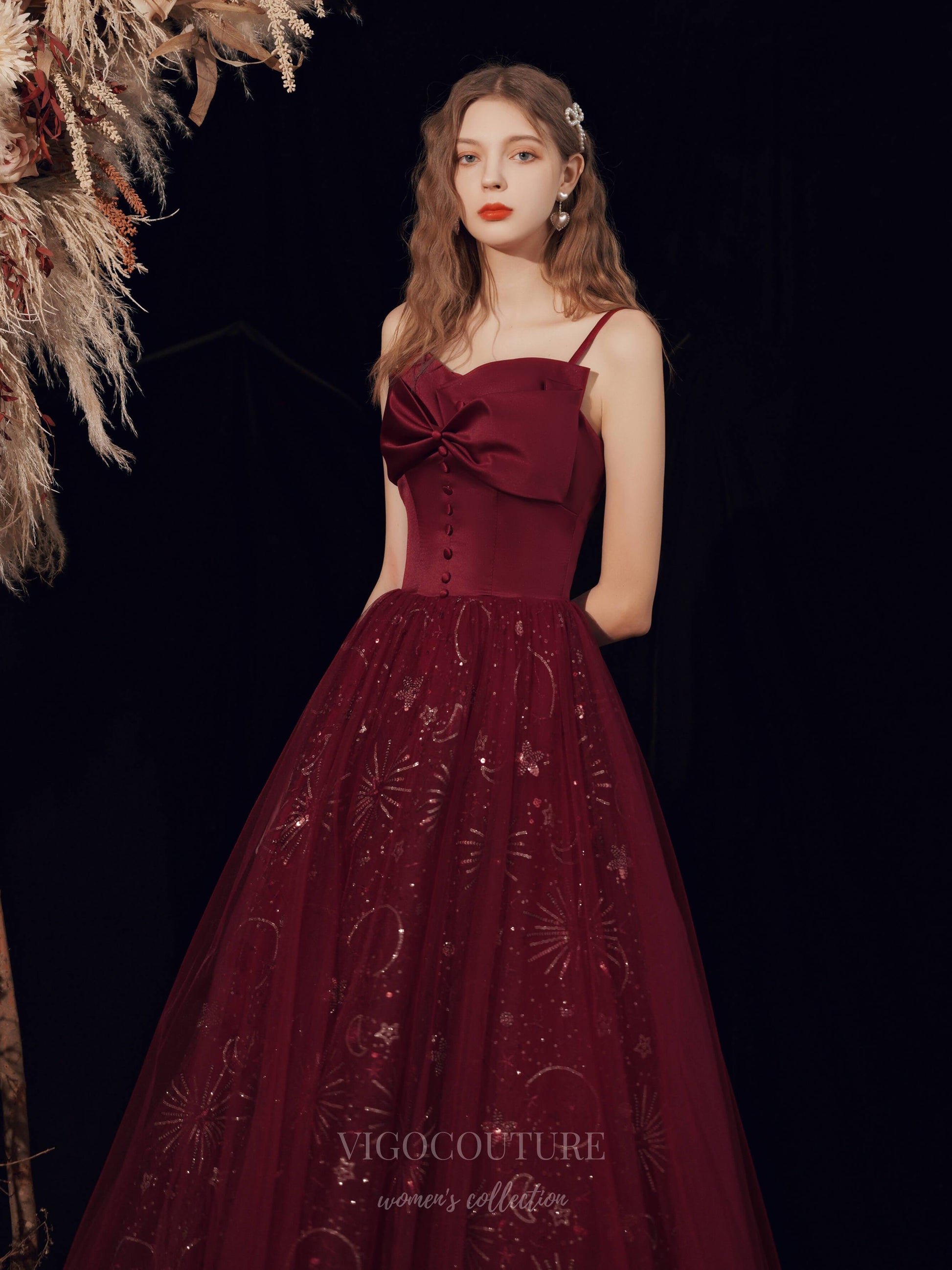 Prom Dress 2025 Burgundy Spaghetti Strap Bow Prom Dress 20716-unique elegant Prom Dresses-Burgundy-US2-vigocouture