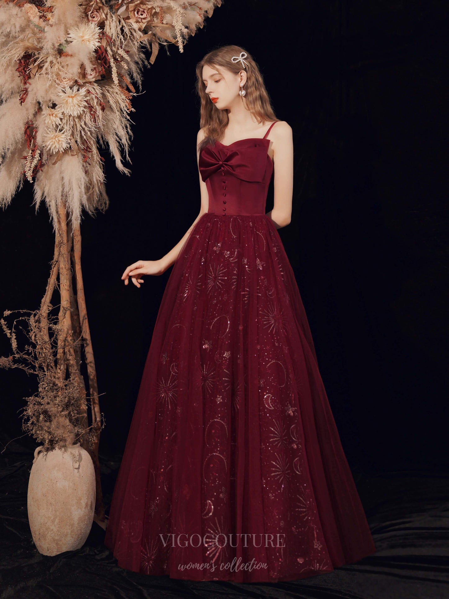 Prom Dress 2025 Burgundy Spaghetti Strap Bow Prom Dress 20716-unique elegant Prom Dresses-Burgundy-US2-vigocouture