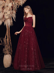 Burgundy Spaghetti Strap Bow Prom Dress 20716