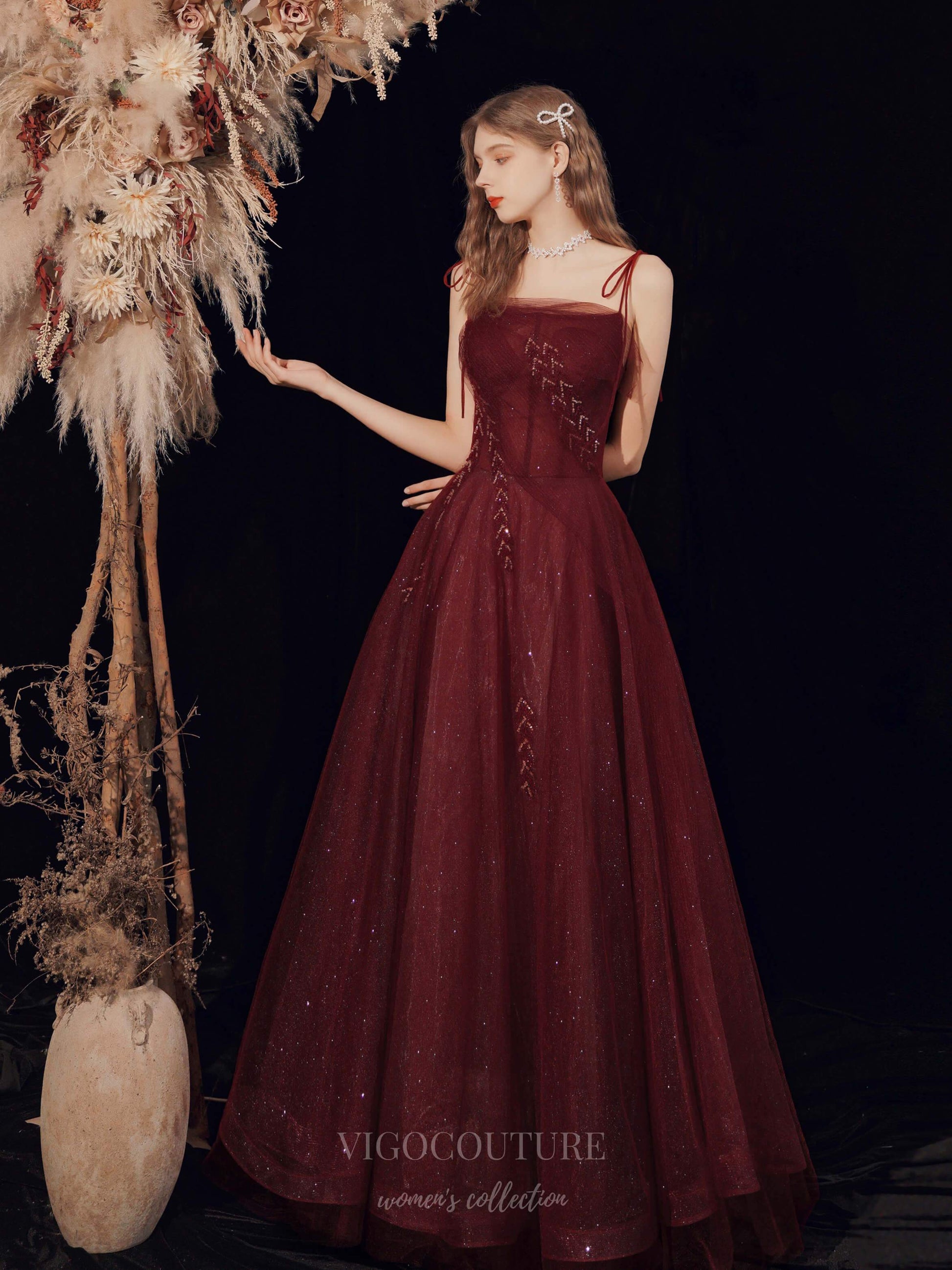 Burgundy Spaghetti Strap Prom Dress 20711 – vigocouture