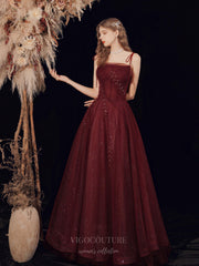 Burgundy Spaghetti Strap Prom Dress 20711