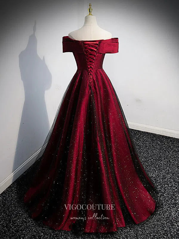 Prom Dress 2025 Burgundy Sparkly Satin Prom Dress Off the Shoulder Formal Dresses 21332-unique elegant Prom Dresses-Burgundy-US2-vigocouture