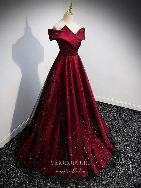 Prom Dress 2025 Burgundy Sparkly Satin Prom Dress Off the Shoulder Formal Dresses 21332-unique elegant Prom Dresses-Burgundy-US2-vigocouture