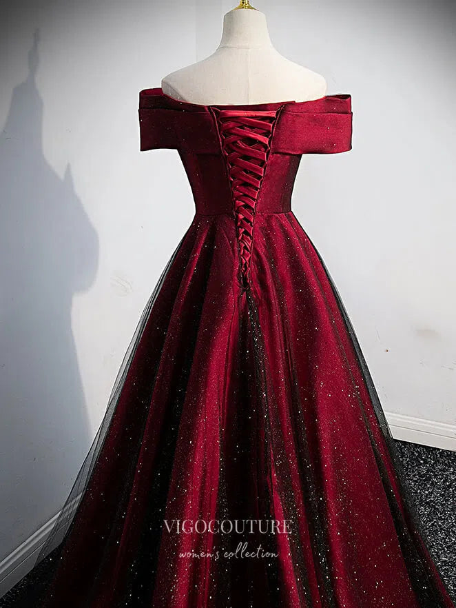 Prom Dress 2025 Burgundy Sparkly Satin Prom Dress Off the Shoulder Formal Dresses 21332-unique elegant Prom Dresses-Burgundy-US2-vigocouture