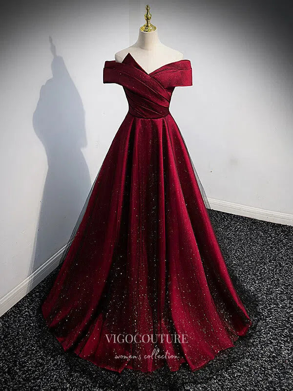 Prom Dress 2025 Burgundy Sparkly Satin Prom Dress Off the Shoulder Formal Dresses 21332-unique elegant Prom Dresses-Burgundy-US2-vigocouture