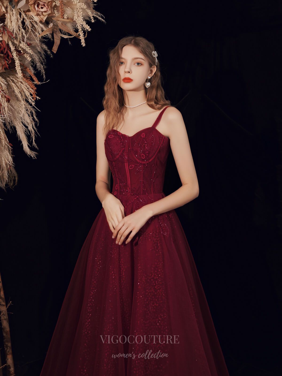 Prom Dress 2025 Burgundy Sparkly Tulle Beaded Prom Dress 20717-unique elegant Prom Dresses-Burgundy-US2-vigocouture