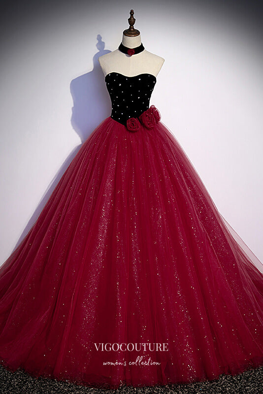 Prom Dress 2025 Burgundy Sparkly Tulle Prom Dresses Strapless Formal Dresses 21650-unique elegant Prom Dresses-Burgundy-US2-vigocouture