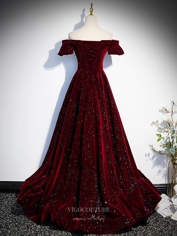 Prom Dress 2025 Burgundy Sparkly Velvet Cheap Prom Dresses Off the Shoulder Formal Gown 24390-unique elegant Prom Dresses-Burgundy-Custom Size-vigocouture