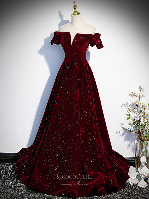 Burgundy Sparkly Velvet Cheap Prom Dresses Off the Shoulder Formal