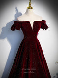 Prom Dress 2025 Burgundy Sparkly Velvet Cheap Prom Dresses Off the Shoulder Formal Gown 24390-unique elegant Prom Dresses-Burgundy-Custom Size-vigocouture