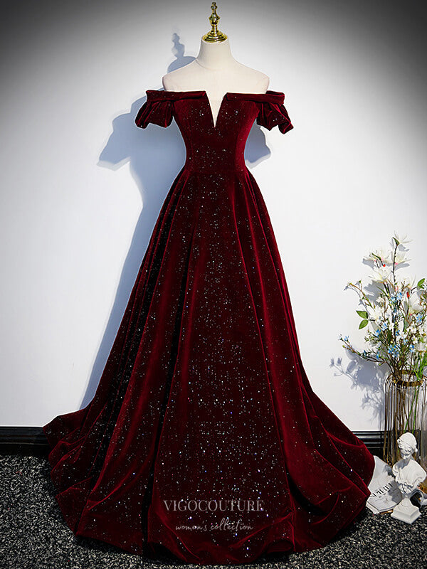 Prom Dress 2025 Burgundy Sparkly Velvet Cheap Prom Dresses Off the Shoulder Formal Gown 24390-unique elegant Prom Dresses-Burgundy-Custom Size-vigocouture