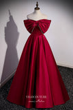 Burgundy Strapless Formal Dress A-Line Bow-Tie Prom Dresses 21669