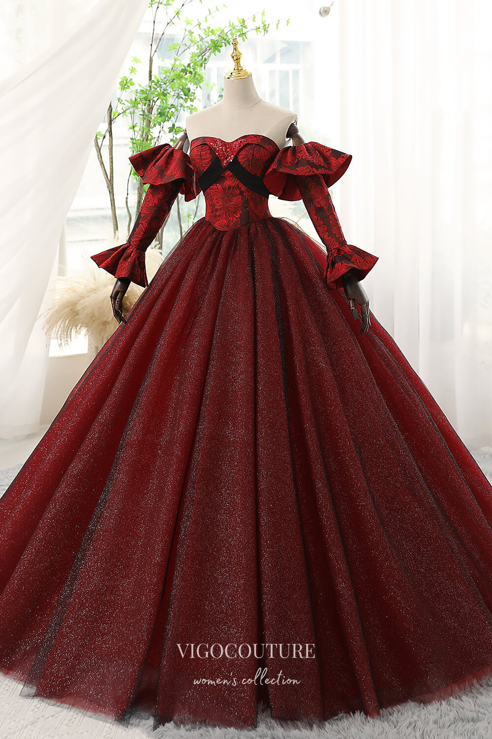 Prom Dress 2025 Burgundy Strapless Prom Dress with Jacquard Satin and Sparkly Tulle 22289-unique elegant Prom Dresses-Burgundy-Custom Size-vigocouture