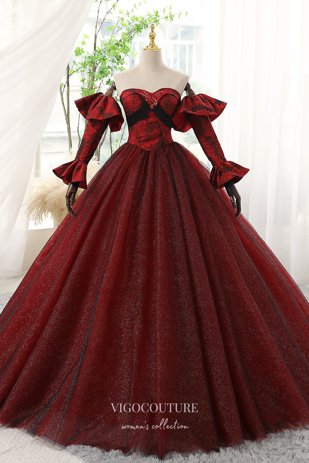 Prom Dress 2025 Burgundy Strapless Prom Dress with Jacquard Satin and Sparkly Tulle 22289-unique elegant Prom Dresses-Burgundy-Custom Size-vigocouture