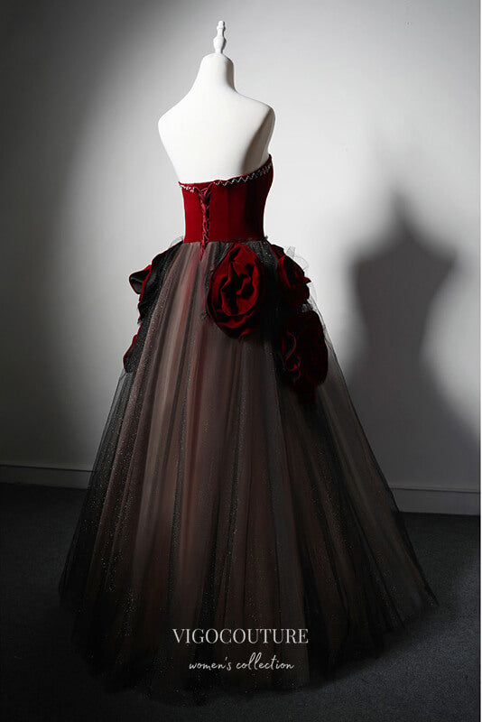 Prom Dress 2025 Burgundy Strapless Rosette Prom Dress 22373-unique elegant Prom Dresses-Burgundy-Custom Size-vigocouture