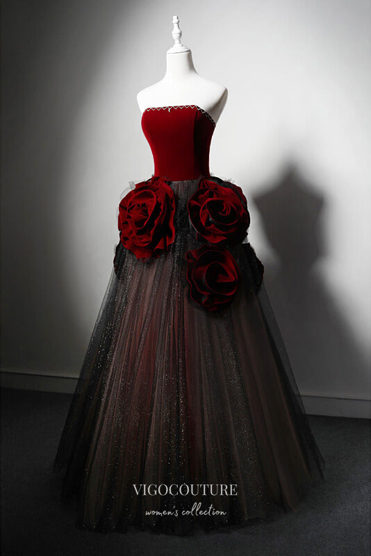 Burgundy Strapless Rosette Prom Dress 22373 Burgundy Strapless Rosette Prom Dress 22373