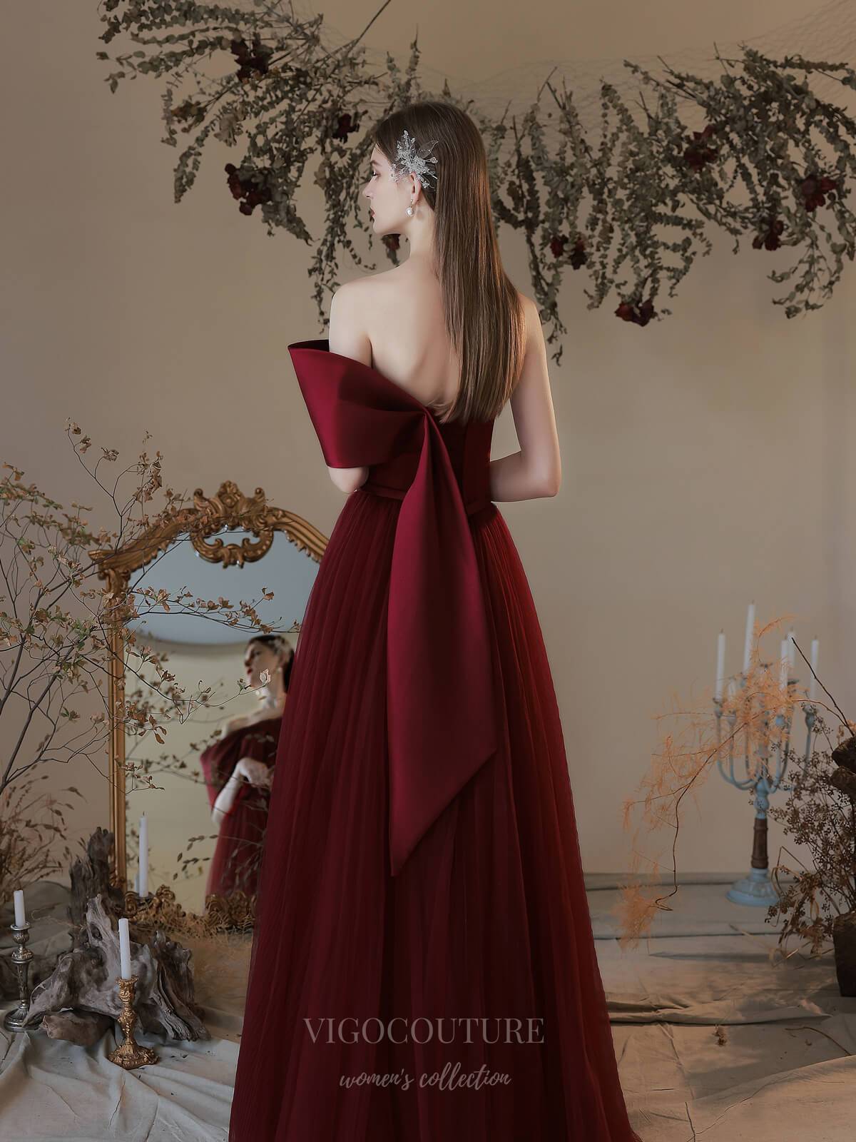 Prom Dress 2025 Burgundy Strapless Tulle Bow Prom Dress 20743-unique elegant Prom Dresses-Burgundy-US2-vigocouture