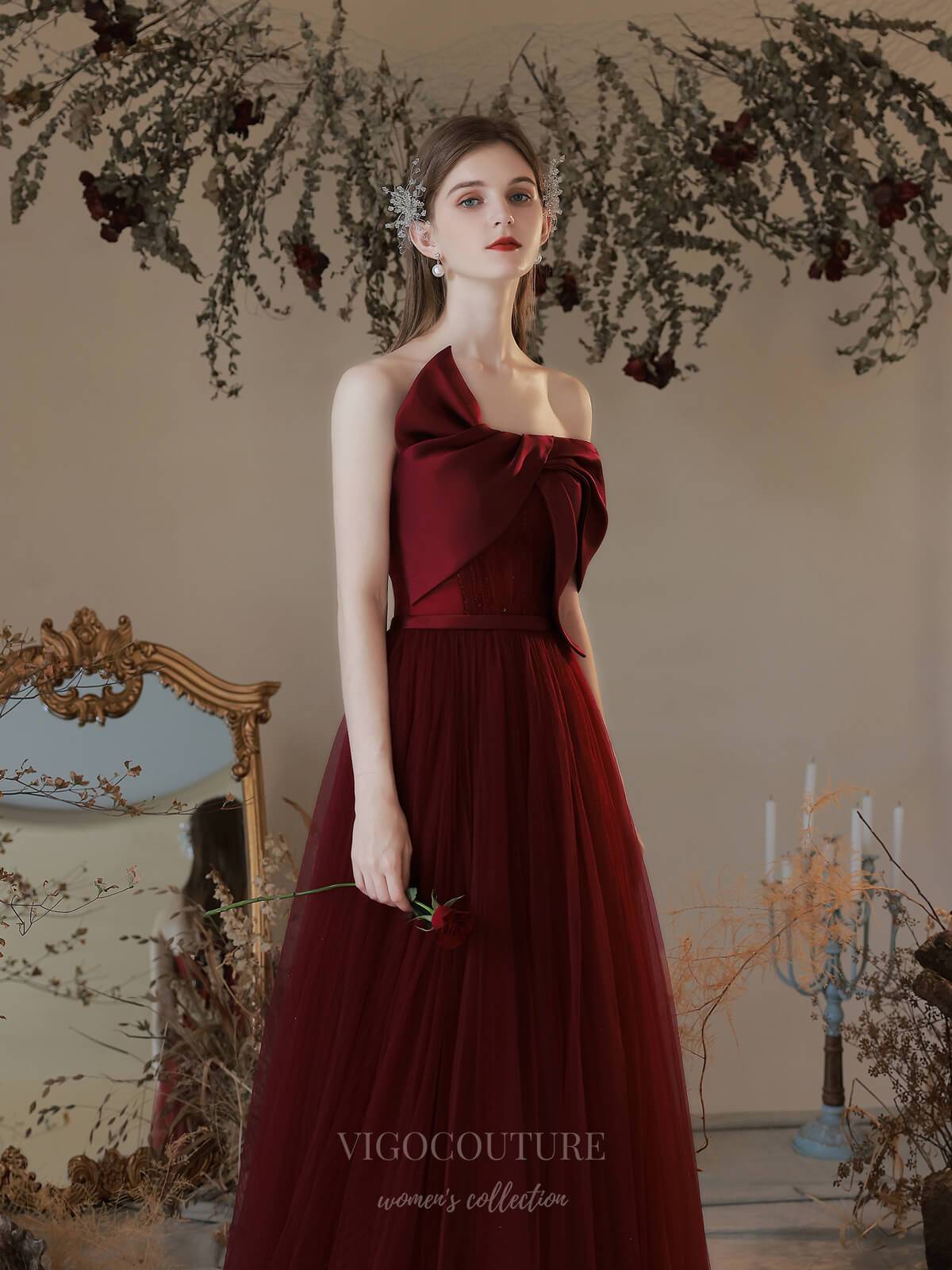 Prom Dress 2025 Burgundy Strapless Tulle Bow Prom Dress 20743-unique elegant Prom Dresses-Burgundy-US2-vigocouture