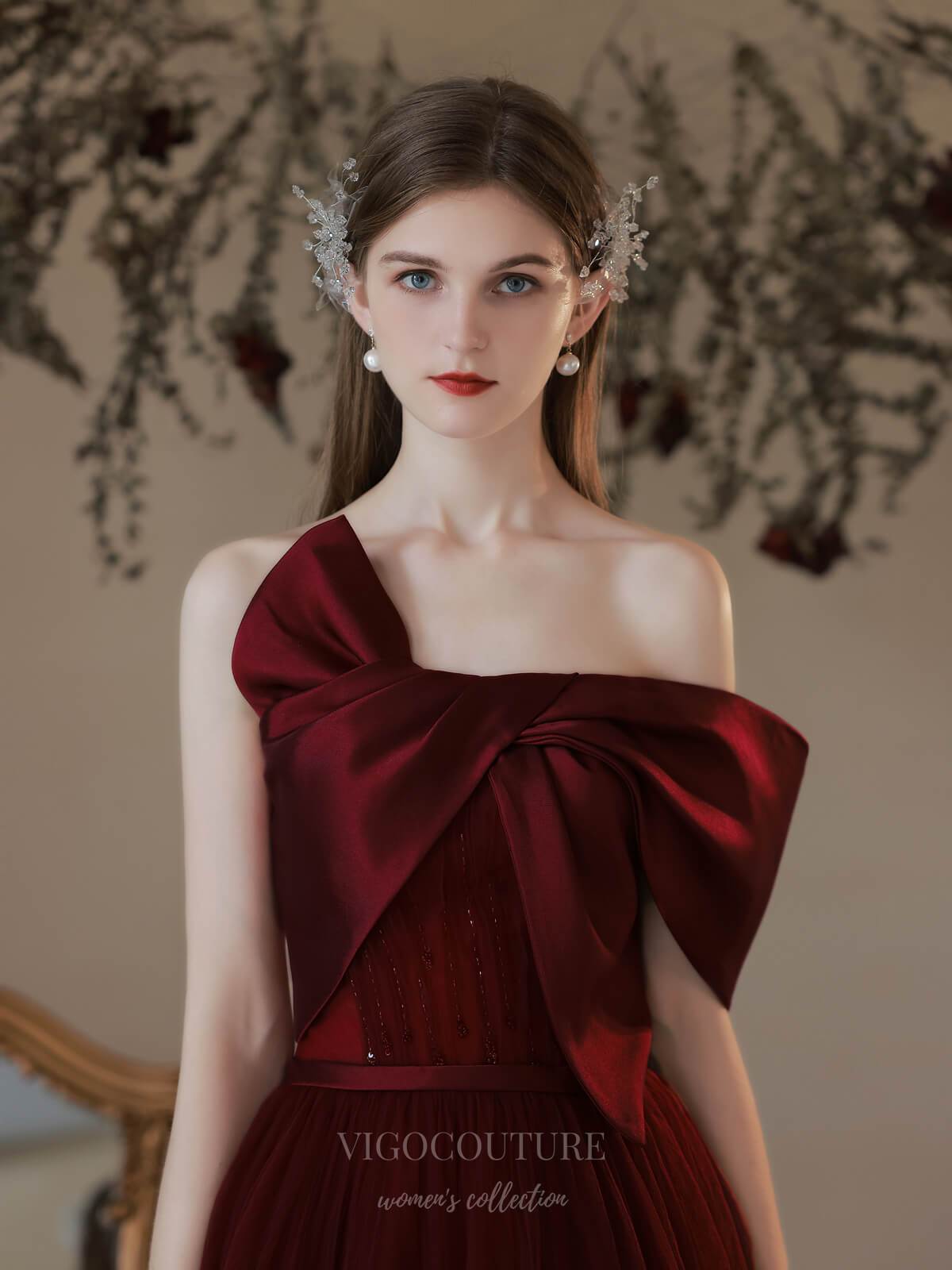 burgundy bow dress Luxe Burgundy Brocade Gown With Bow Accent