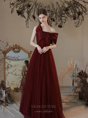 Burgundy Strapless Tulle Bow Prom Dress 20743