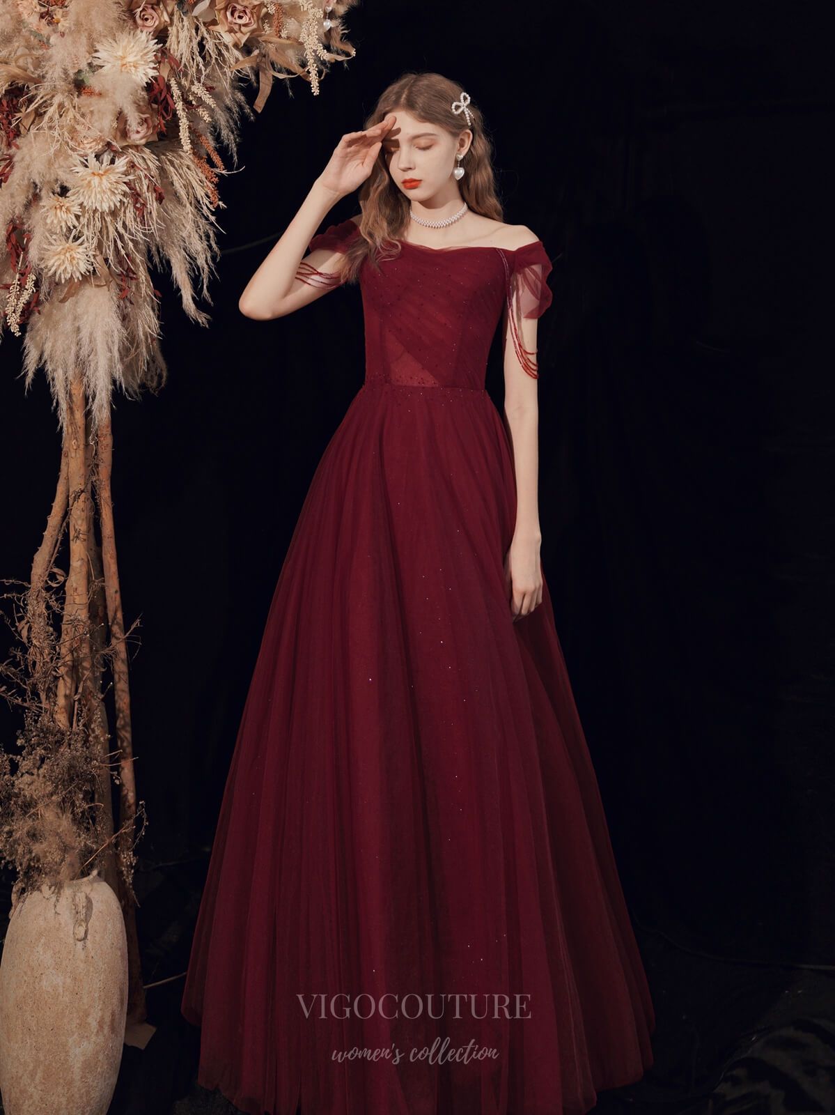 Prom Dress 2025 Burgundy Tulle Off the Shoulder Prom Dress 20725-unique elegant Prom Dresses-Burgundy-US2-vigocouture