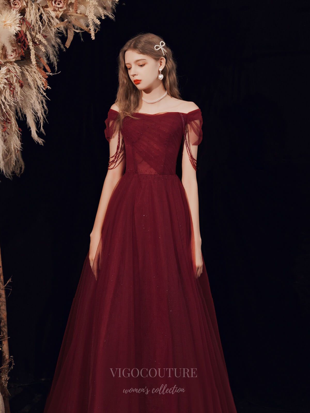 Prom Dress 2025 Burgundy Tulle Off the Shoulder Prom Dress 20725-unique elegant Prom Dresses-Burgundy-US2-vigocouture