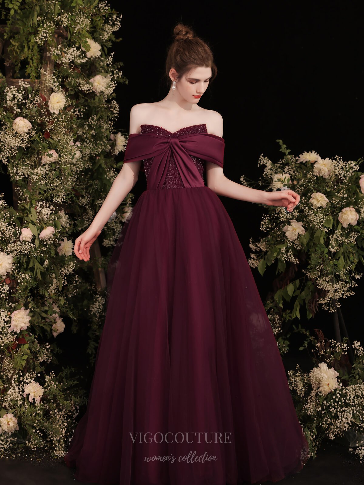 burgundy tulle wedding dress Burgundy and Vintage A-Line Tulle maroon dress for wedding with Long Sleeves, V-Neck, Backless Design, Lace Appliques, and Pastrol Style for Garden or