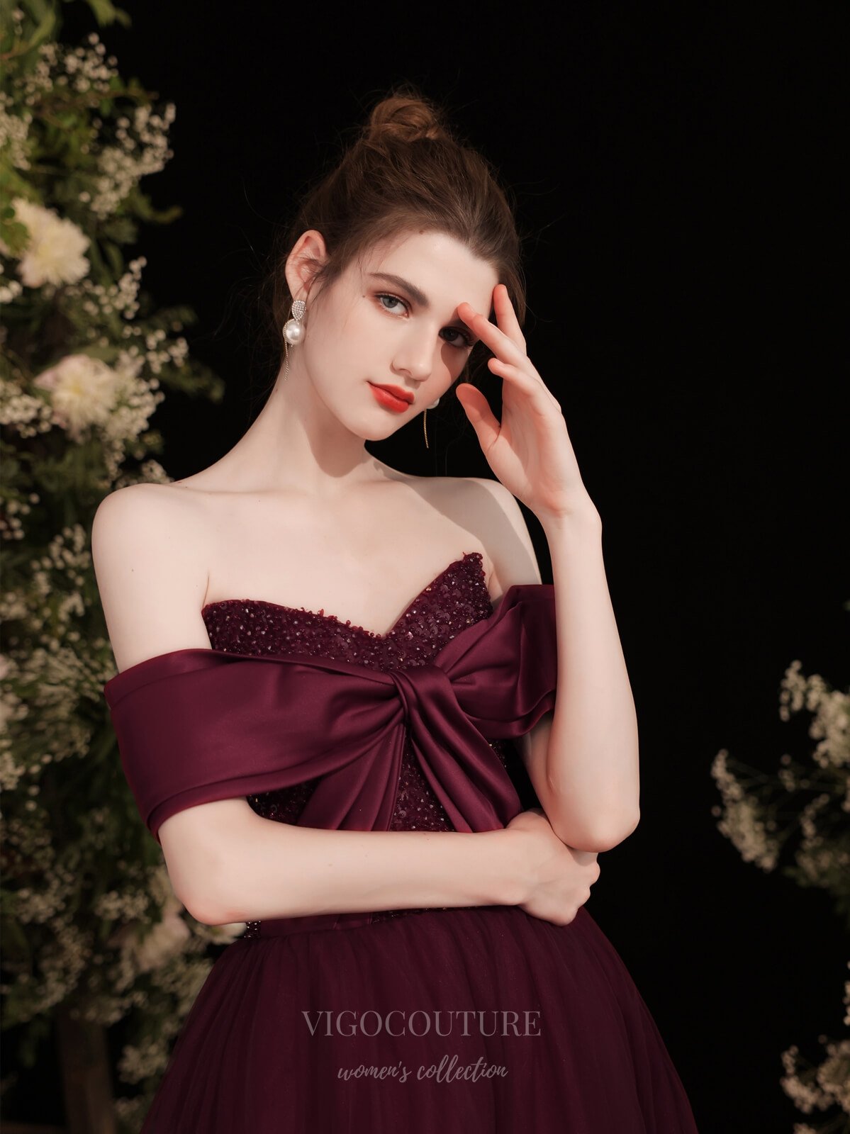 off the shoulder prom dress burgundy Burgundy off shoulder tulle long prom dress, burgundy evening dress