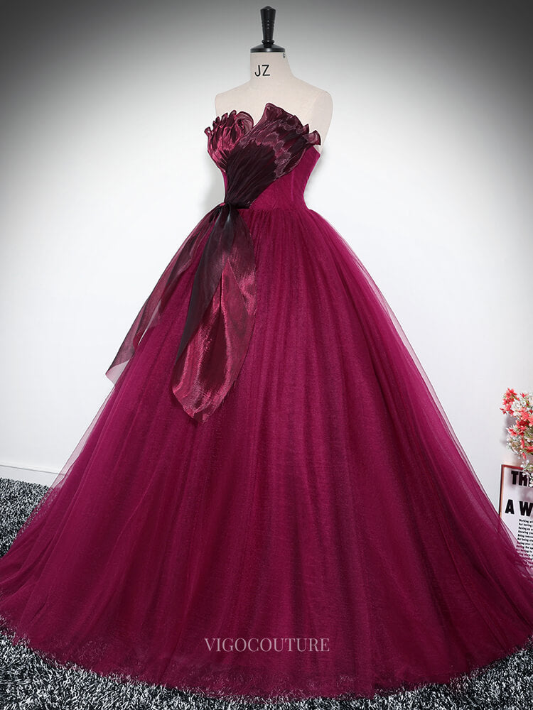 Prom Dresses 2025 to impress Burgundy Tulle Prom Dresses Strapless Ruffled Quinceanera Dresses BG033-vigocouture-vigocouture