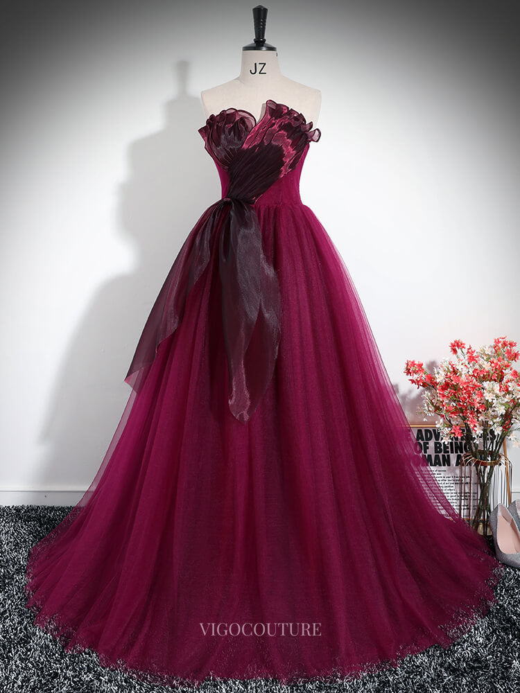 Prom Dresses 2025 to impress Burgundy Tulle Prom Dresses Strapless Ruffled Quinceanera Dresses BG033-vigocouture-vigocouture