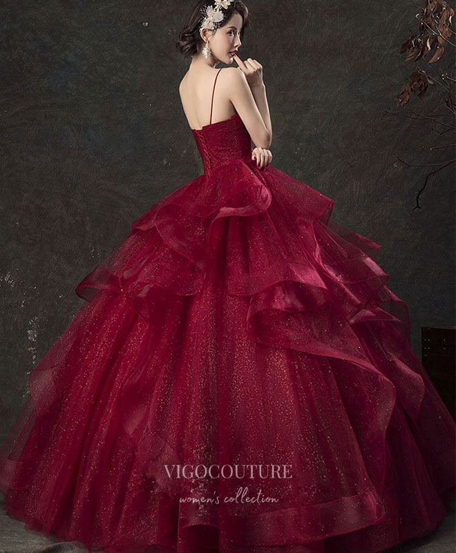 Prom Dress 2025 Burgundy Tulle Prom Dresses Tiered Spaghetti Strap Formal Gown 21816B-unique elegant Prom Dresses-Burgundy-US2-vigocouture