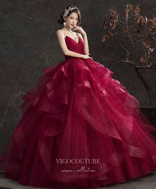 Prom Dress 2025 Burgundy Tulle Prom Dresses Tiered Spaghetti Strap Formal Gown 21816B-unique elegant Prom Dresses-Burgundy-US2-vigocouture