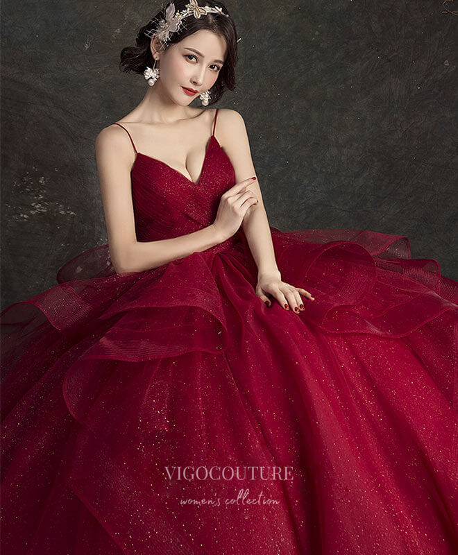 Prom Dress 2025 Burgundy Tulle Prom Dresses Tiered Spaghetti Strap Formal Gown 21816B-unique elegant Prom Dresses-Burgundy-US2-vigocouture