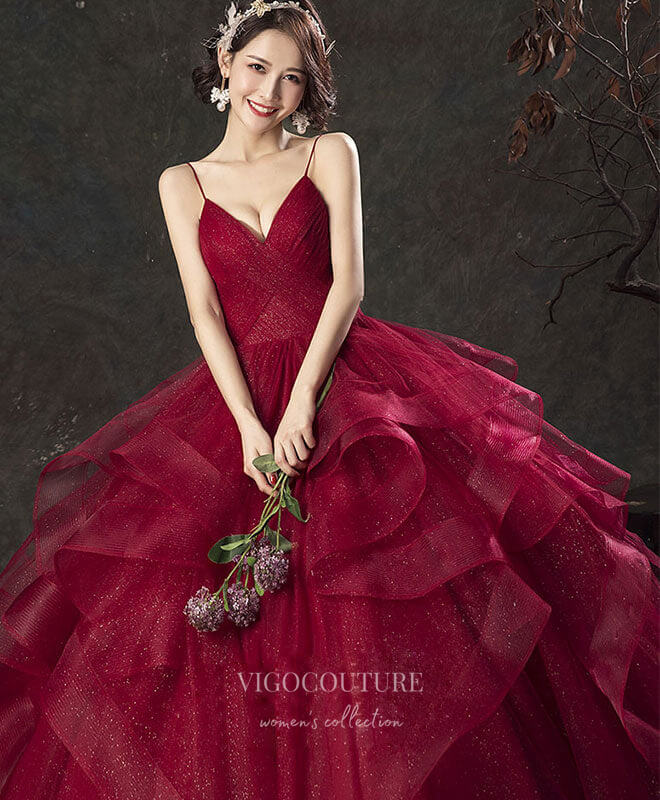 Prom Dress 2025 Burgundy Tulle Prom Dresses Tiered Spaghetti Strap Formal Gown 21816B-unique elegant Prom Dresses-Burgundy-US2-vigocouture