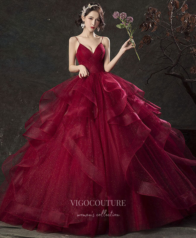 Prom Dress 2025 Burgundy Tulle Prom Dresses Tiered Spaghetti Strap Formal Gown 21816B-unique elegant Prom Dresses-Burgundy-US2-vigocouture