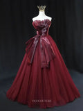 Prom Dresses 2025 to impress Burgundy Tulle Prom Dresses with Pleated Bow, Strapless Formal Dresses SU068-vigocouture-vigocouture