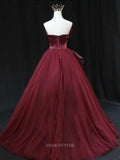 Prom Dresses 2025 to impress Burgundy Tulle Prom Dresses with Pleated Bow, Strapless Formal Dresses SU068-vigocouture-vigocouture