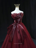 Prom Dresses 2025 to impress Burgundy Tulle Prom Dresses with Pleated Bow, Strapless Formal Dresses SU068-vigocouture-vigocouture