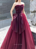 Prom Dresses 2025 to impress Burgundy Tulle Prom Dresses with Pleated Bow, Strapless Formal Dresses SU068-vigocouture-vigocouture