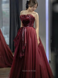 Prom Dresses 2025 to impress Burgundy Tulle Prom Dresses with Pleated Bow, Strapless Formal Dresses SU068-vigocouture-vigocouture