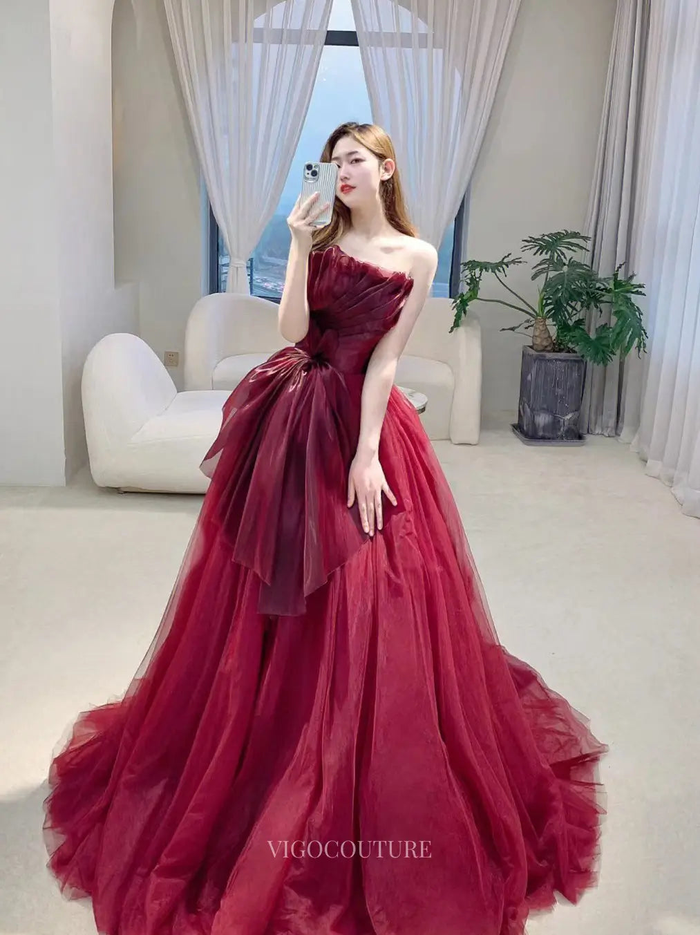 Burgundy Tulle Prom Dresses with Pleated Bow, Strapless Formal Dresses vigocouture Burgundy Tulle Prom Dresses with Pleated Bow, Strapless Formal Dresses vigocouture