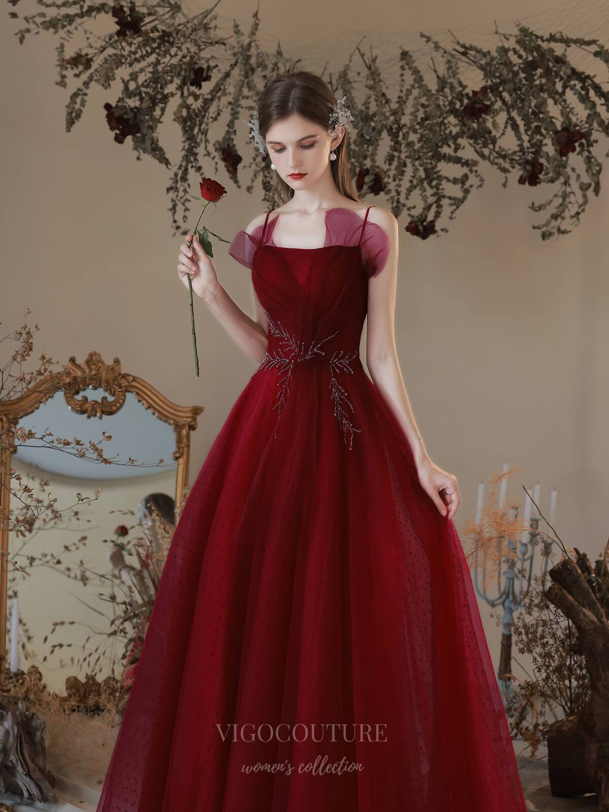 burgundy tulle wedding dress Burgundy and Vintage A-Line Tulle maroon dress for wedding with Long Sleeves, V-Neck, Backless Design, Lace Appliques, and Pastrol Style for Garden or