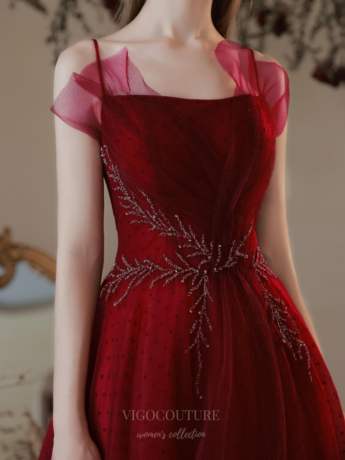 Prom Dress 2025 Burgundy Tulle Spaghetti Strap Beaded Prom Dress 20738-unique elegant Prom Dresses-Burgundy-US2-vigocouture