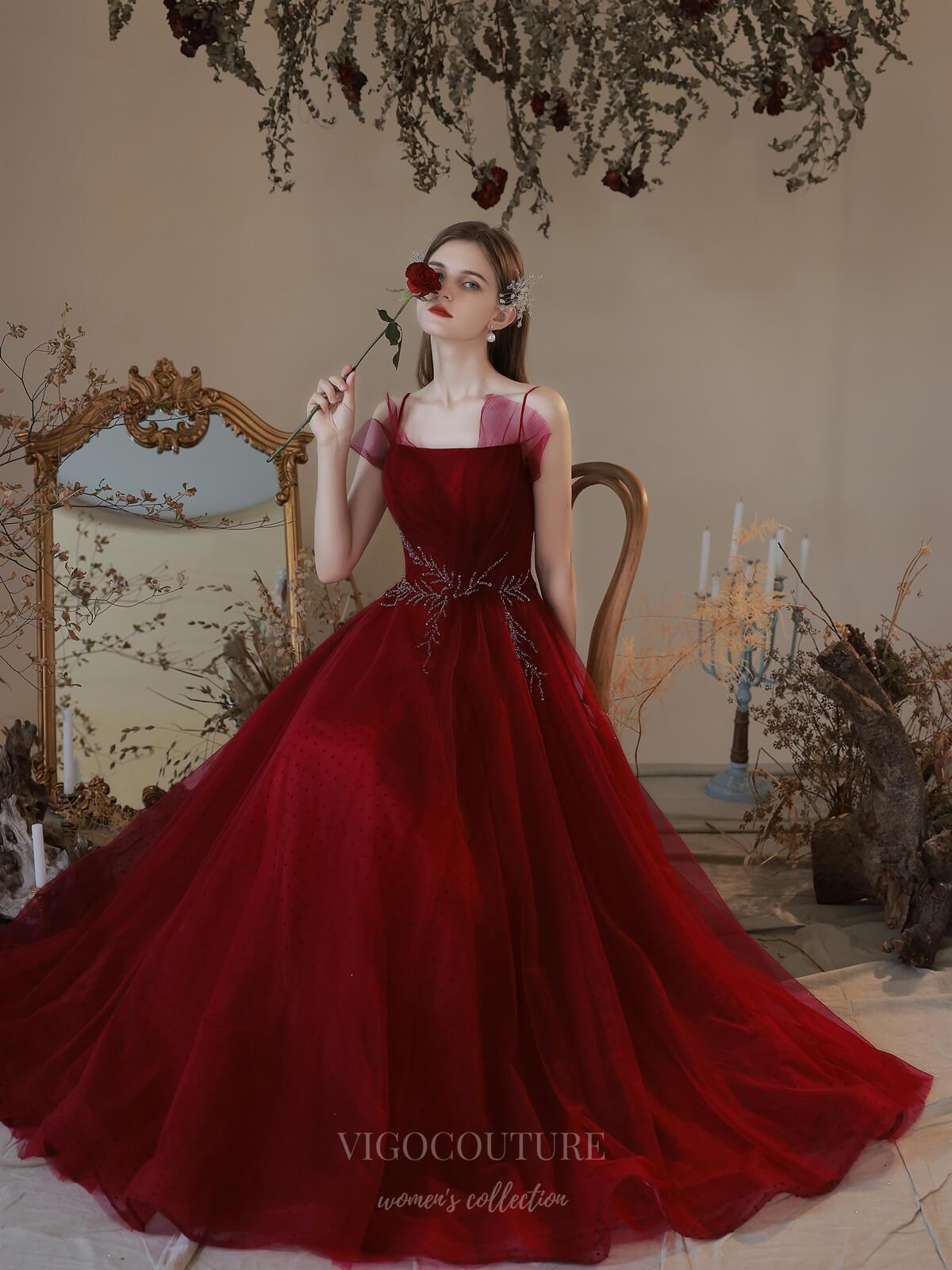 Prom Dress 2025 Burgundy Tulle Spaghetti Strap Beaded Prom Dress 20738-unique elegant Prom Dresses-Burgundy-US2-vigocouture